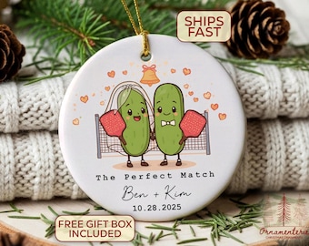 Personalized Wedding Pickleball Ornament 2026 – Bride and Groom Pickles “The Perfect Match” – Newlywed Christmas Ornament