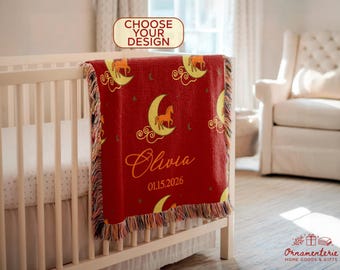 Coperta per la cameretta dell'Anno del Cavallo – Coperta tessuta con motivo zodiacale del Cavallo di Fuoco – Regalo personalizzato per neonati con i segni zodiacali cinesi – Decorazione astrologica per la cameretta