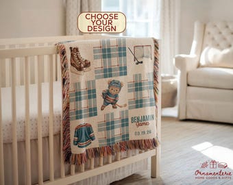Personalized Hockey Nursery Blanket – Custom Name Little Hockey Player Woven Blanket – Sports Nursery Plaid Throw – Baby Boy Hockey Gift