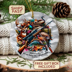 buck with fishing pole christmas ornaments Hunting and Fishing Christmas Ornaments