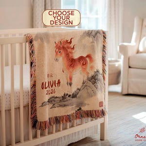 Year of the Fire Horse 2026 Baby Woven Blanket – Lunar New Year Newborn Gift – Chinese Zodiac Birth Year Keepsake – Personalized Baby Throw