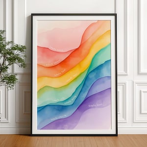 May include: A framed watercolour print with a spectrum of colours, including pink, red, orange, yellow, green, blue, and purple. The print features the words "Inhale peace," "Exhale stress," "Inhale love," "Exhale fear," "Inhale calm," "Exhale worry," "Inhale clarity," and "Exhale doubt."