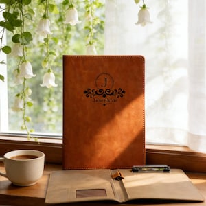 Puede incluir: Un portafolio de cuero marrón con el nombre "Josephine" y la letra "J" en un círculo decorativo. El portafolio está abierto, revelando un bolsillo y un portapapeles. Una taza de café está a la izquierda.