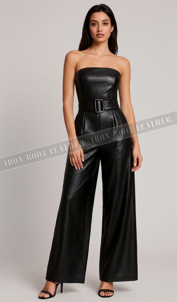 Strapless Black Leather Jumpsuit – Wide-Leg, Belted, Statement Outfit