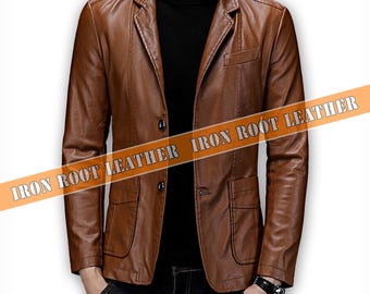 Men’s Slim Fit Leather Blazer Jacket