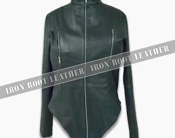 Kristen Black Leather Bodysuit – Handmade Slim Fit Genuine Leather Zip Front Outfit
