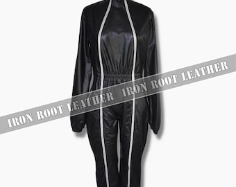 Florence Black Leather Jumpsuit with White Panels – Women’s Genuine Leather Fashion Catsuit