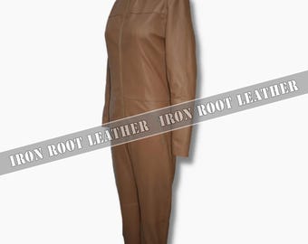 Women’s Brown Leather Motorcycle Jumpsuit – Handmade Genuine Leather Riding Suit