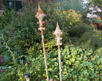 2 Antique Cast Iron Fence Finials with Stakes-Rustic-Primitive-Garden Decor-33" Tall
