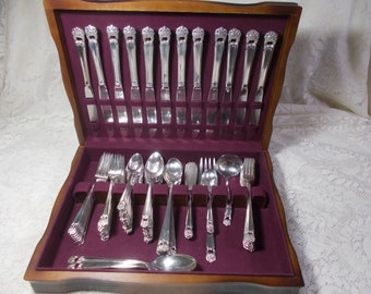 1847 Roger Bros IS Silverplate Flatware-81 Pieces Eternally Yours--Pierced Floral Pattern--Wood Storage Box