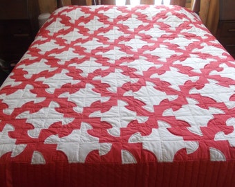Vintage Gorgeous Red and White Drunkard's Path Quilt-Red and White Polka Dotted Fabric-Hand Quilted-96x92