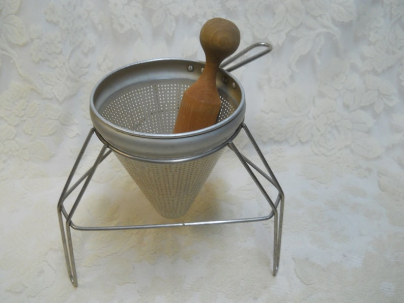 Vintage Cone Shaped Colander with Wood Pestle Aluminum Stand Etsy