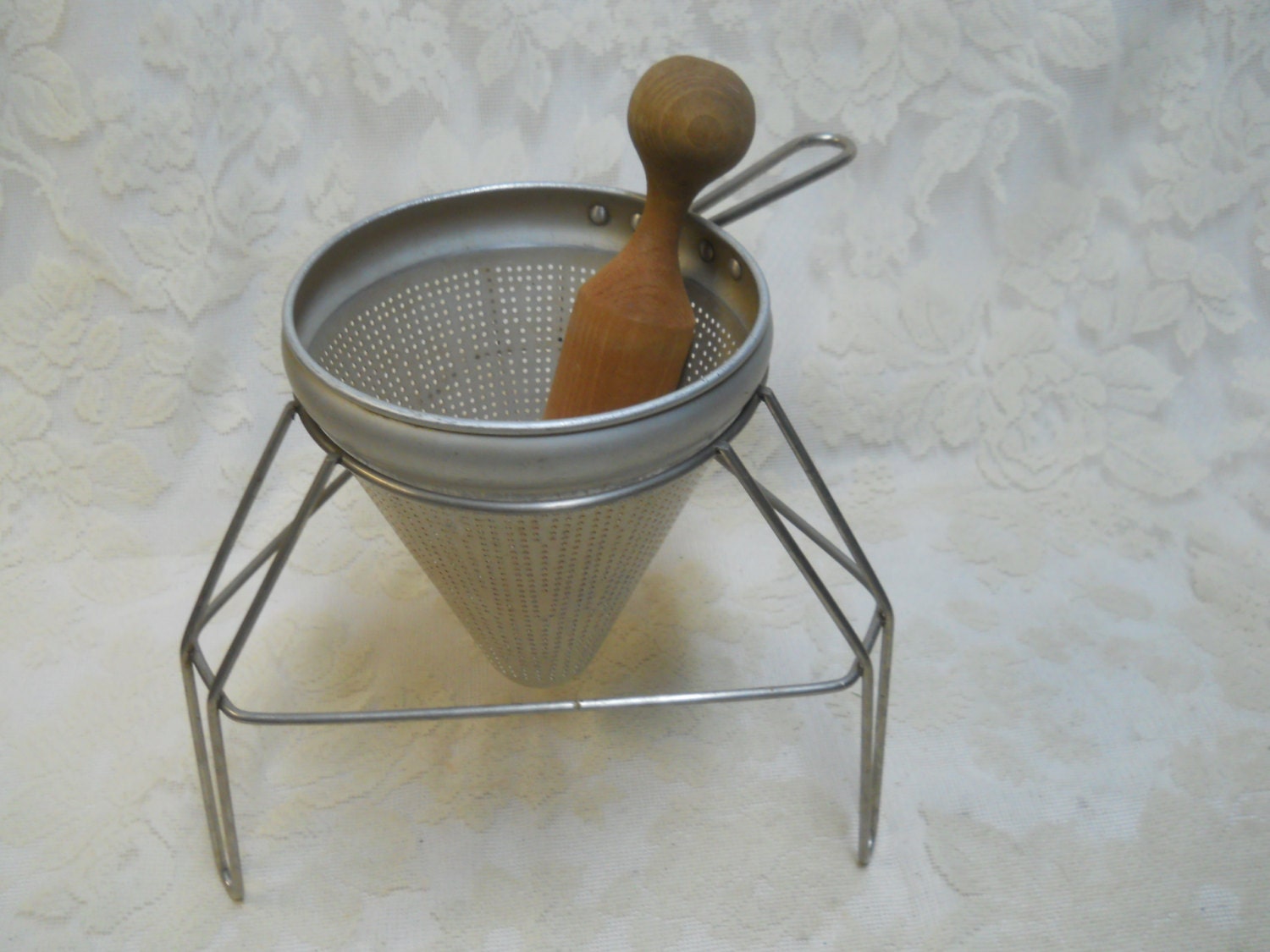 Vintage Cone Shaped Colander with Wood Pestle Aluminum Stand Etsy