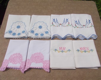 4 Pair Vintage Cotton Pillowcases-Embroidered/Crocheted--Crocheted Trim-Handmade pillowcases-Bluebirds-Mr. and Mrs.