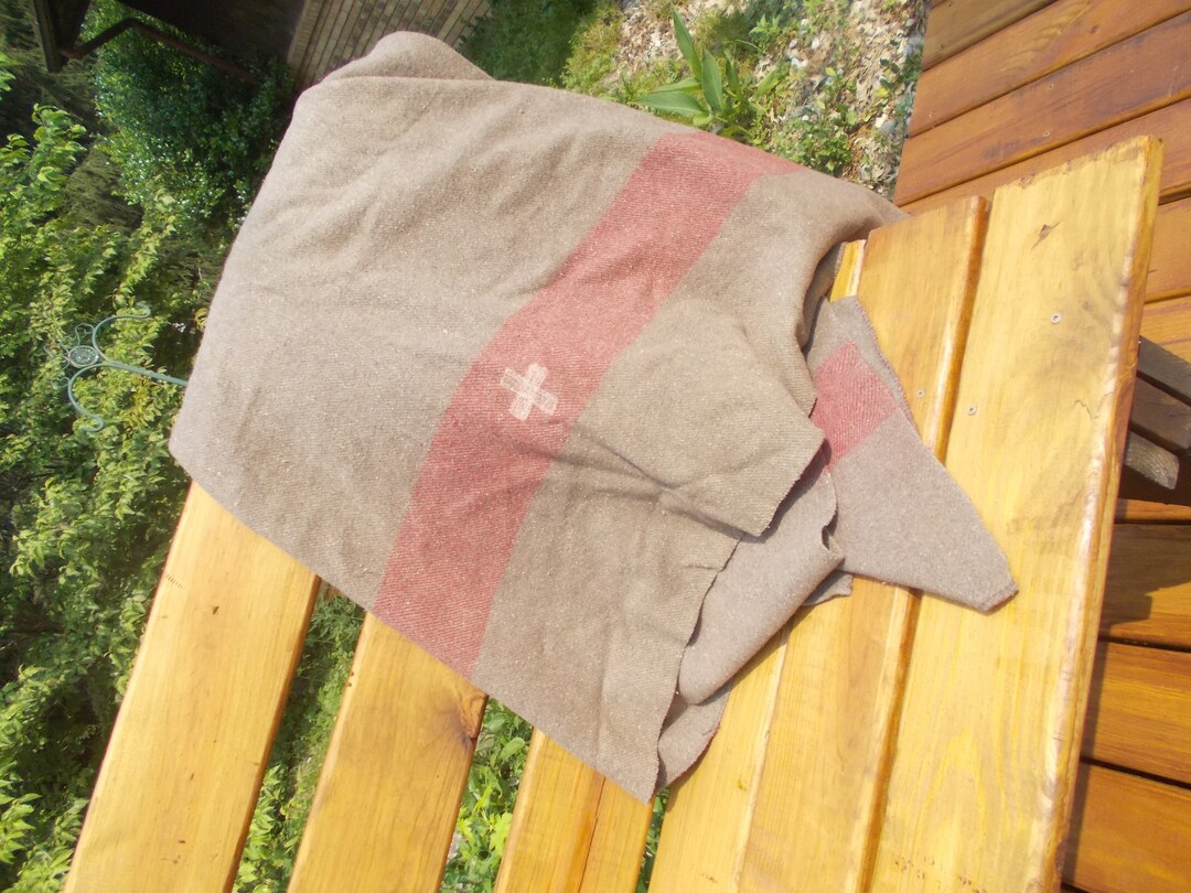 Vintage Swiss Army Wool Blanketbrown2 Red Stripesembroidered White