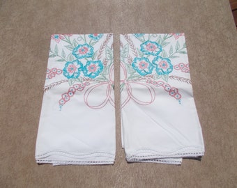 Beautiful Vintage Cotton Pillowcases With All-Over Embroidery-Crocheted Trim-Floral--SHIPS FREE