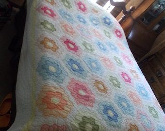REDUCED--Beautiful Grandmother's Flower Garden Quilt--Hand Stitched and Hand Quilted--88x84-Some Tattered