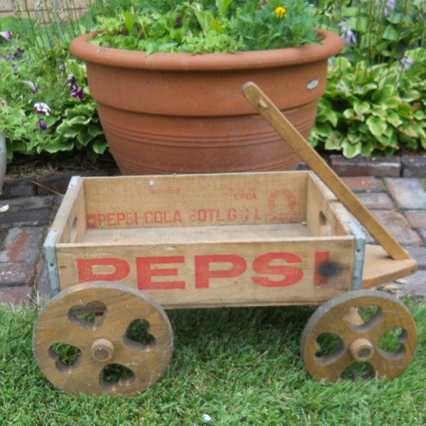 Vintage Pepsi crate made into a wagon for decor-heart wheels-Pepsi Cola box