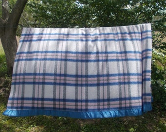 Vintage Pink and Blue Plaid Blanket with Blue Satin Binding-82x68