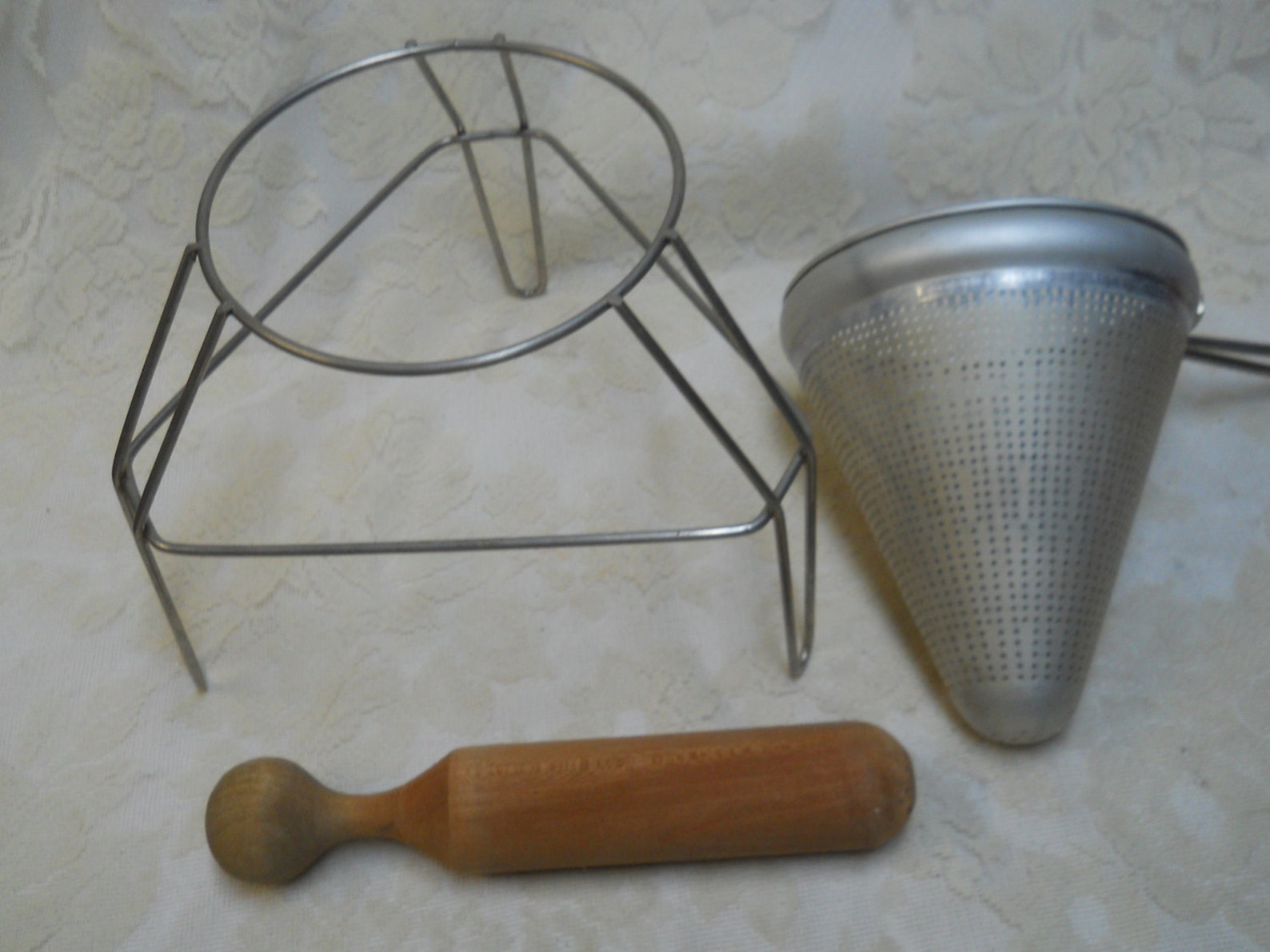 Vintage Cone Shaped Colander with Wood Pestle Aluminum Stand Etsy