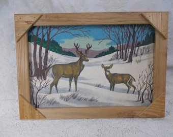 Vintage Hand Painted Country Winter Scene With Deer-Rustic Handmade Wood Frame-20"x14"-Painting on Felt