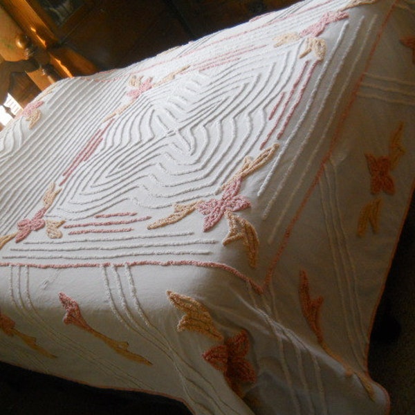 REDUCED--Vintage White Crisp Cotton Bedspread with Pink, Peach, White Chenille 104x86