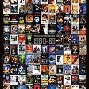 Pode incluir: Uma grande colagem retangular de cartazes de filmes dos anos 80 dispostos em uma grade. O texto central diz MOVIE POSTERS 1980-89. Os cartazes apresentam várias ilustrações coloridas, fotografias e títulos de filmes daquela década.