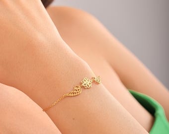 Änglavingararmband med födelseblomma, Anpassad dubbelänglavinge, Skyddsängelarmband för mamma och henne, Eleganta sentimentala minnessmycken