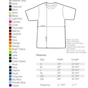 May include: A chart showing the size and measurements of a men's heavy weight crew neck t-shirt. The chart shows the width and length of the shirt in inches for sizes S, M, L, XL, 2XL, and 3XL. The chart also shows the tolerance for the measurements, which is +/- 3/4 inch for the width and +/- 1 inch for the length. The chart also shows a color chart with 36 different colors, including white, heather grey, silver, charcoal, black, sand, beige, light pink, fuchsia, coral, chocolate, maroon, cardinal, red, ocre, orange, mango, bright yellow, lime, jade, olive, forest green, aqua, navy, dolphin, royal, turquoise, sky blue, powder blue, and purple. The chart also shows the heather colors, which are 50% cotton and 50% polyester. The heather colors are black, maroon, orange, royal, turquoise, and purple.