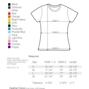 May include: A diagram showing the measurements of a women's heavy weight crew neck t-shirt. The measurements are in inches. The t-shirt is available in 21 colors, including black, charcoal, white, red, orange, bright yellow, lime, navy, turquoise, powder blue, aqua, light pink, coral, fuchsia, and purple. The t-shirt is also available in heather colors, including black, maroon, orange, royal, turquoise, and purple.