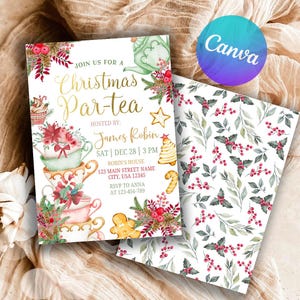 Può includere: Un invito a un Christmas Par-tea con un design ad acquerello. Il fronte presenta tazze impilate, accenti floreali e il testo "Christmas Par-tea". Il retro ha un motivo di foglie e bacche rosse. Dettagli dell'evento inclusi.