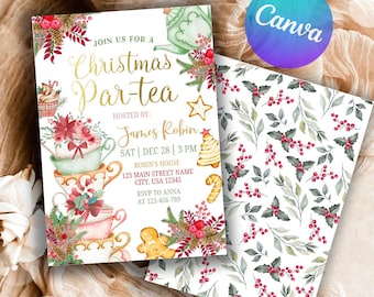 May include: A Christmas Par-tea invitation with a watercolor design. The front features stacked teacups, floral accents, and the text "Christmas Par-tea." The back has a pattern of leaves and red berries. Includes event details.