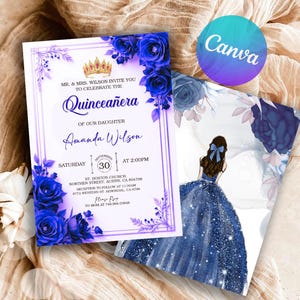 Bearbeitbare blaue Quinceamaßa-Einladungsvorlage, Mis Quince-Einladung, Quinceanera-Einladung, Blumenprinzessin Quinceanera, bearbeitbare Canva