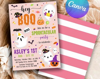 May include: A pink Halloween party invitation with the text "hey BOO" and "SPOOKTACULAR party". The invitation features ghost illustrations, a pumpkin, and the text "ASLEY'S 1ST BOO-DAY !!!". A pink and white striped card is visible.