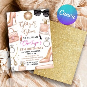 May include: An invitation card with a gold glitter background, featuring illustrations of high heels, perfume, and jewellery. The card reads "Glitz & Glam" and announces an 8th birthday party.