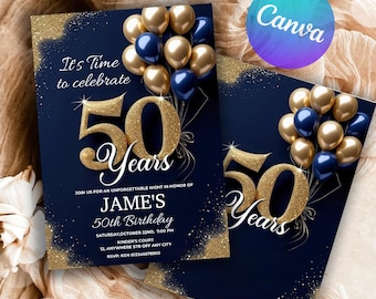 50th Blue and Gold Birthday Birthday Invitation, Birthday Dinner Invitation, Adult Birthday Invite, Printable Invite Editable Canva Template