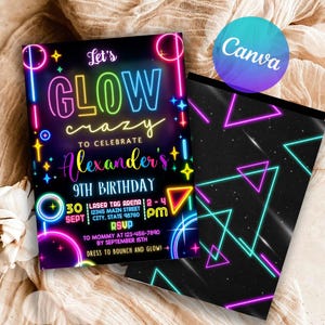 May include: A neon-themed birthday invitation with the words "Let's GLOW crazy" and details for a 9th birthday party. The invitation includes the name "Alexander's", date, time, and location. A second card with neon geometric shapes is also visible.