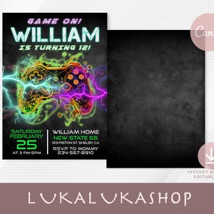 Video Game Birthday Party Invitation, Editable Game Truck Party, Gamer Birthday Invite, Arcade Party, Glow Video Gamer, Editable Canva