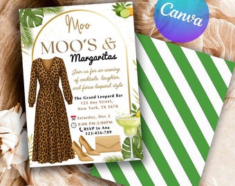 Moo Moos and Margaritas Invitation, Mumu & Margaritas Party Invite, Ladies Night Invitation, Leopard Pajama Girls Day Invite, Editable Canva