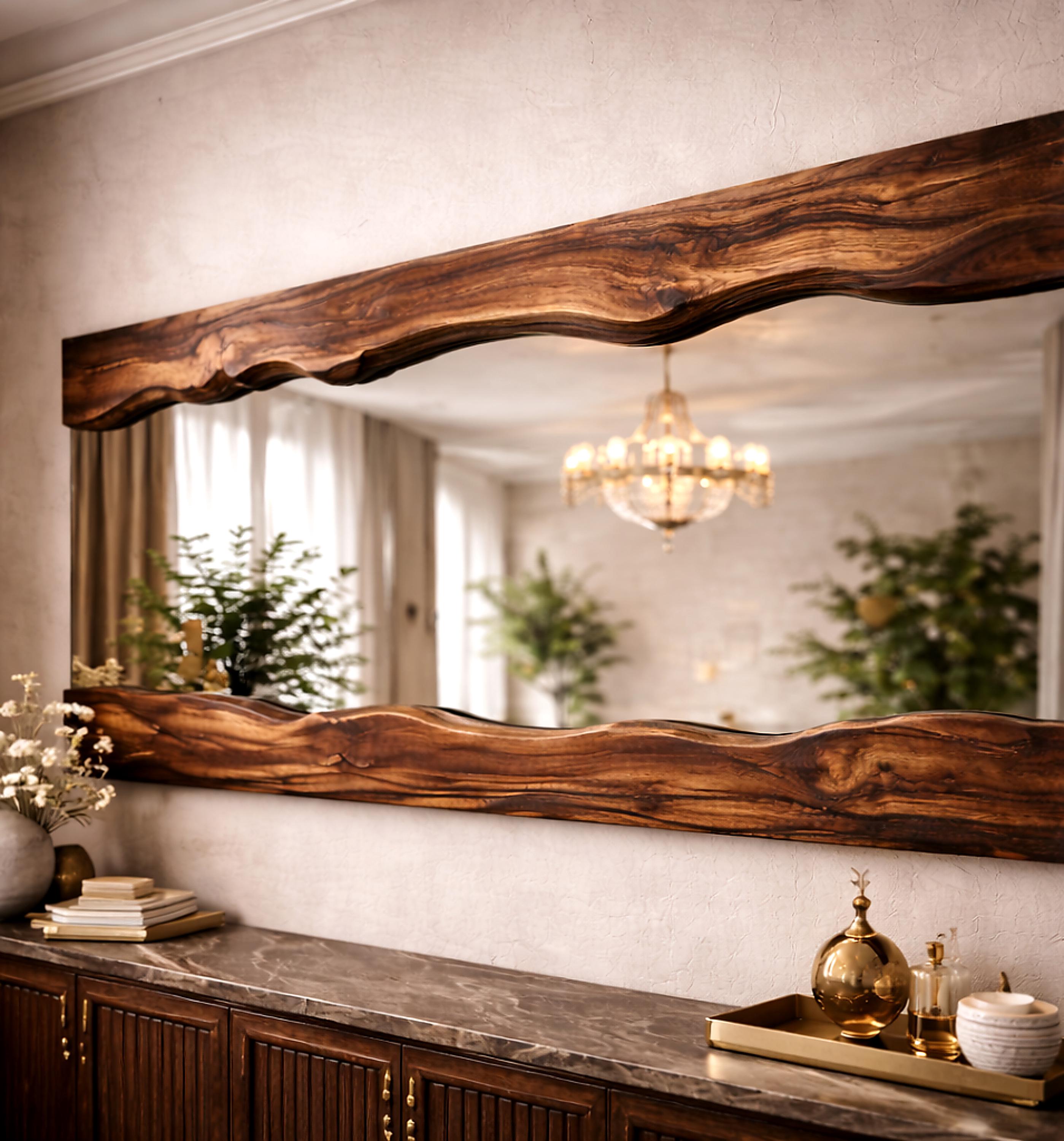 Live Edge Walnut Mirror | Black Metal Frame, Japandi Organic Decor