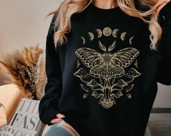 Dark Fairycore Luna Moth Sweatshirt, Gothic Butterfly Grunge Aesthetic Y2K Mushroom Crewneck, Edgy Fantasy Alt Girl Streetwear Cozy Outfit
