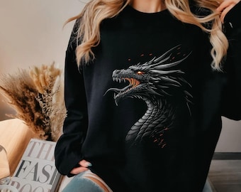Dark Dragon Sweatshirt, Fantasy Gothic Dragon Graphic T-shirt, Mythical Beast Streetwear Style Pullover Shirt, Dragon Lover Gift