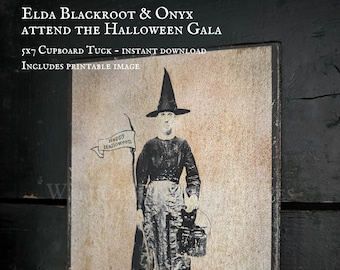 Primitive Halloween Witch Elda & Cat Onyx Cupboard Tuck Epattern Instant Download with Printable Graphics