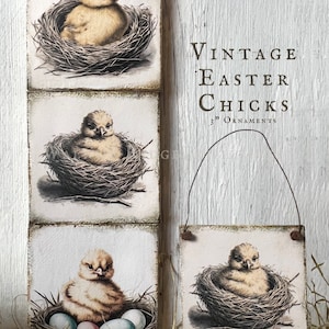 May include: Set of three 3-inch vintage Easter chick ornaments. Each ornament features a hand-painted chick in a nest, with one chick surrounded by colorful Easter eggs.