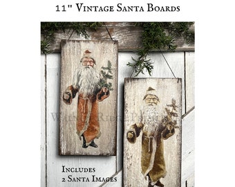 May include: Two 11 inch vintage Santa wooden signs with distressed white paint. Each sign features a different image of Santa Claus holding a Christmas tree. The text "Includes 2 Santa Images" is printed below the signs.