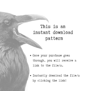 May include: A black and white image of a raven with its beak open, with text that reads "This is an instant download pattern."  The text below the raven explains that after purchase, a link to the digital download will be provided.