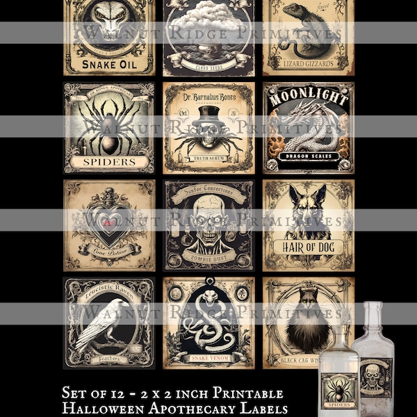 Printable Halloween Apothecary Witch Potion Labels Vintage Style Image Clip Art Collage Sheet