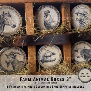 May include: Six round decorative boxes with farm animal illustrations, including a horse, rooster, sheep, goat, pig, and cow. The boxes are 3 inches in diameter and are displayed in a wooden organizer with straw.