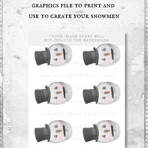 May include: A digital printable graphics file measuring 21.59 x 27.94 cm featuring six illustrations of snowman heads wearing black top hats. Each snowman head has a brown carrot nose, black eyes, and a black mouth. Text includes Walnut Ridge Primitives.