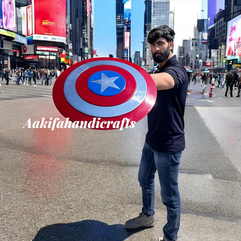 May include: A round shield in red, white, and blue, featuring a central star. The shield has a silver border and the text "Aakifahandicrafts".
